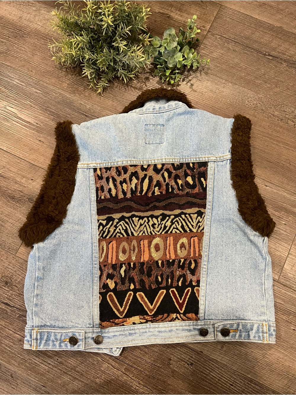 Vintage 90s Blue Jean Upcycled Vest W/ Faux Fur Trim Sz S Animal Print Boho